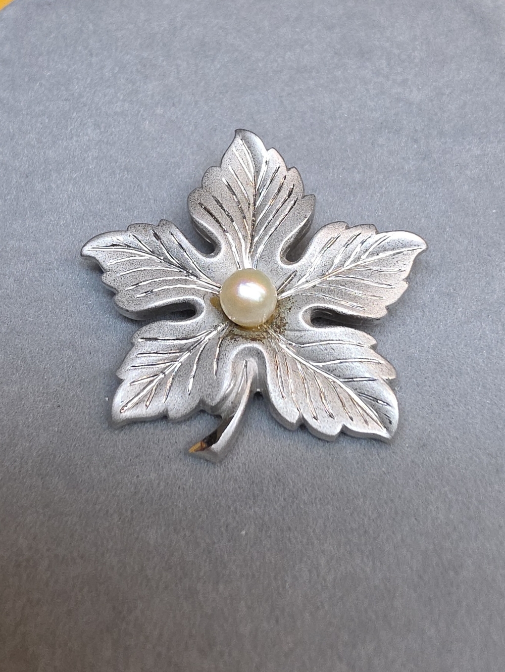 Vintage Maple Leaf Style Brooch Marked Sterling with a Central Faux Pearl